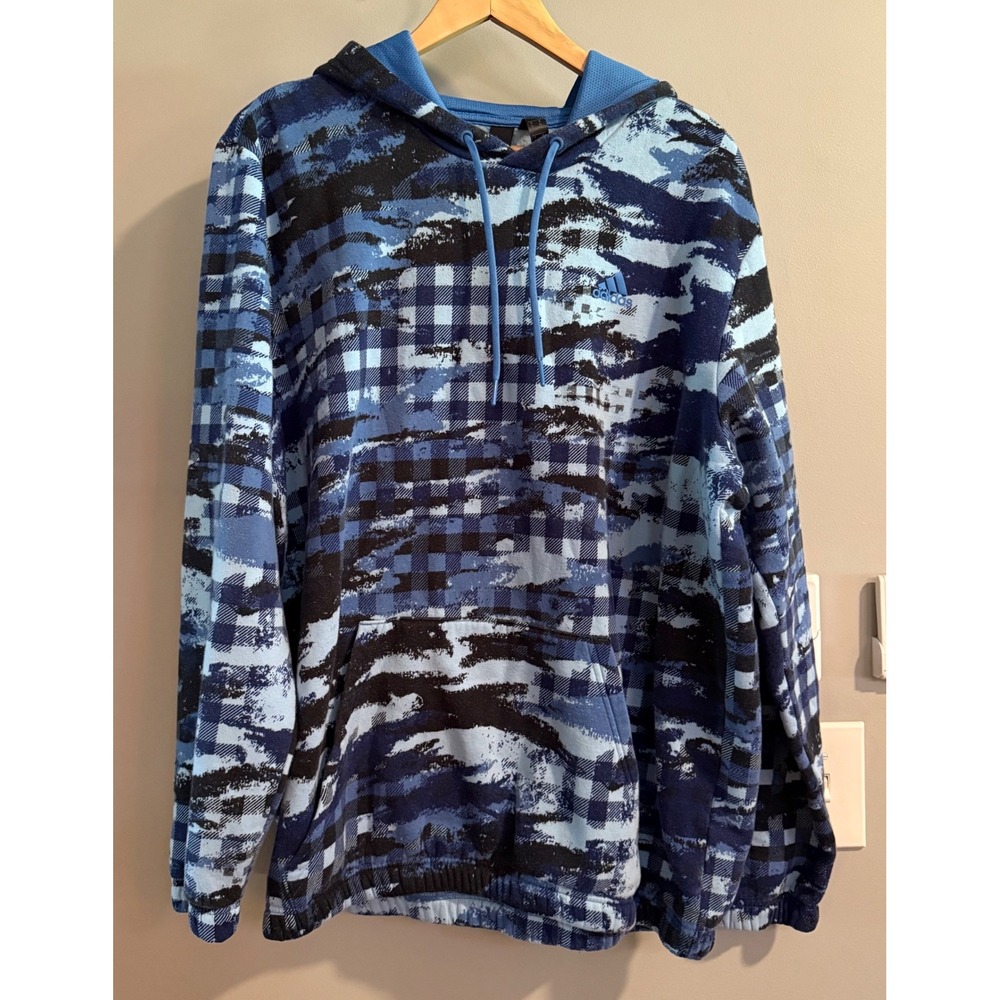 Adidas Hoodie Mens XL Blue Camo Plaid Fleece Pullover Streetwear Activewear